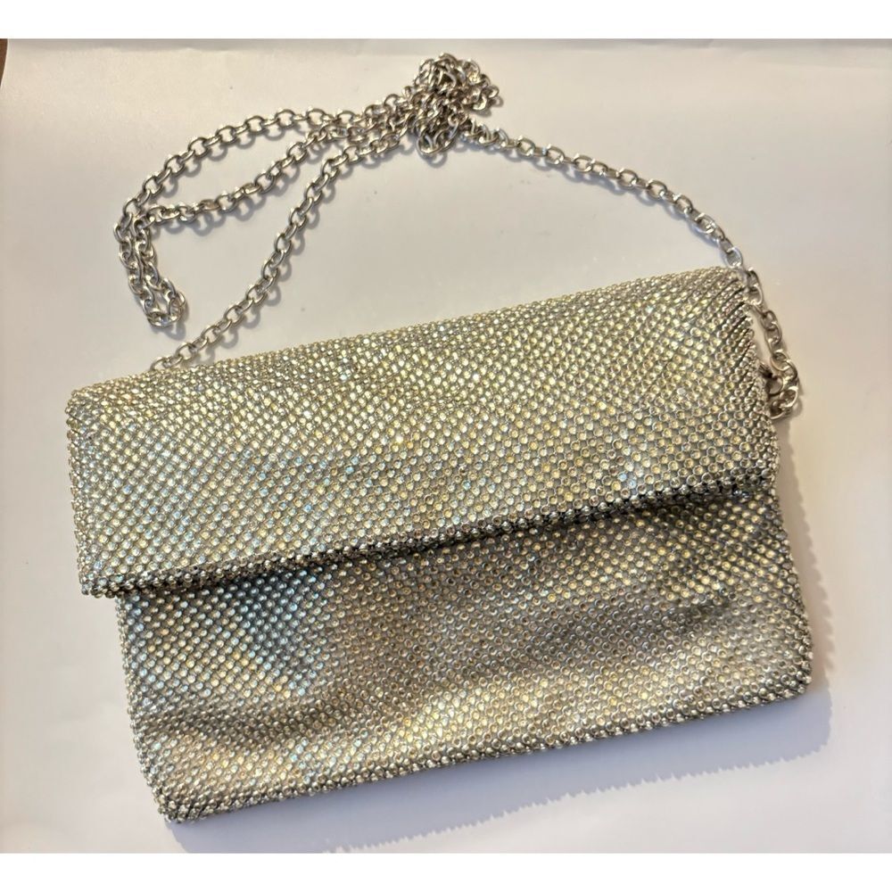 NEW Vintage Neiman Marcus Foldable Silver Yellow Rhinestone Zip Crossbody Bag